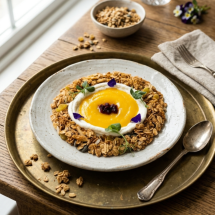 Home-made Granola with Mango puree and greek yogurt