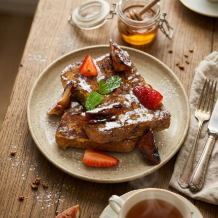 French Toast with caralmlized pear and berries