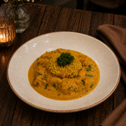 Golden Saffron Rice And Hearty Root Vegetable Curry